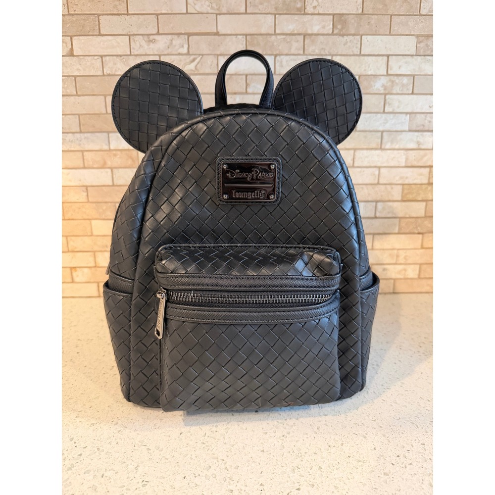 Disney Parks Loungefly Black Woven Faux Leather Mickey Mouse Mini Backpack